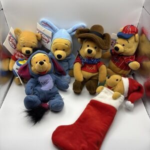 Disney Store Winnie the Pooh Mini Bean Bag Plush ~ Lot of 5 + Christmas Stocking